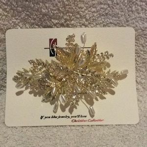 Hair Brooch Gold Leaf with Pearl and Rhinestones